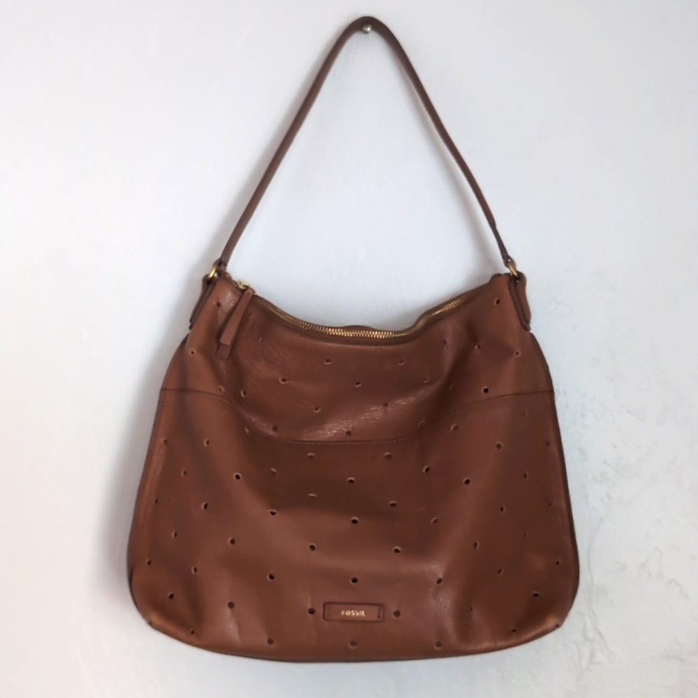 FOSSIL Julia Vintage Perforated Brown Leather Shoulder Bag